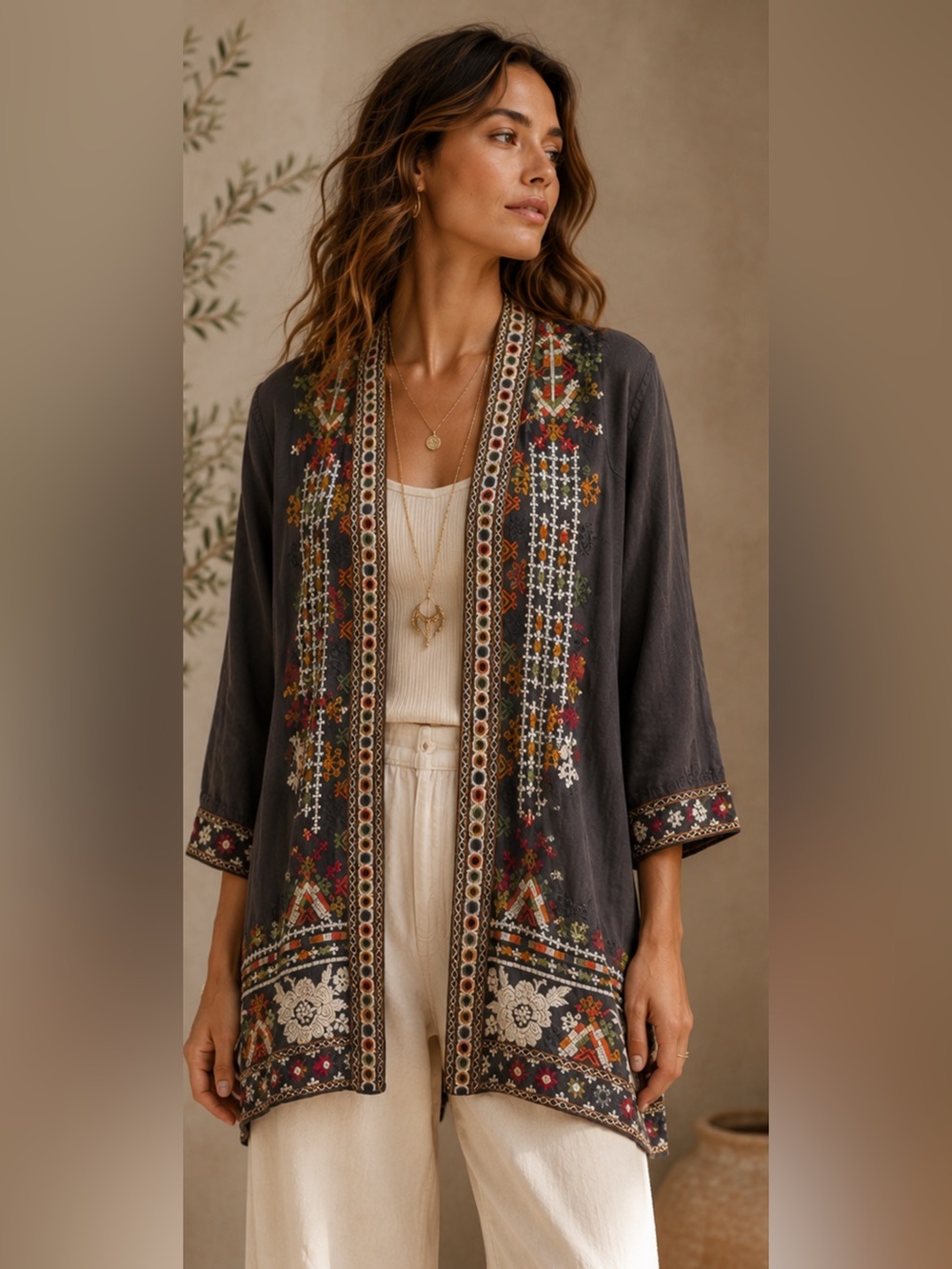 Johnny Was Los Angeles Embroidered Linen Blend Kimono Cardigan XS Boho